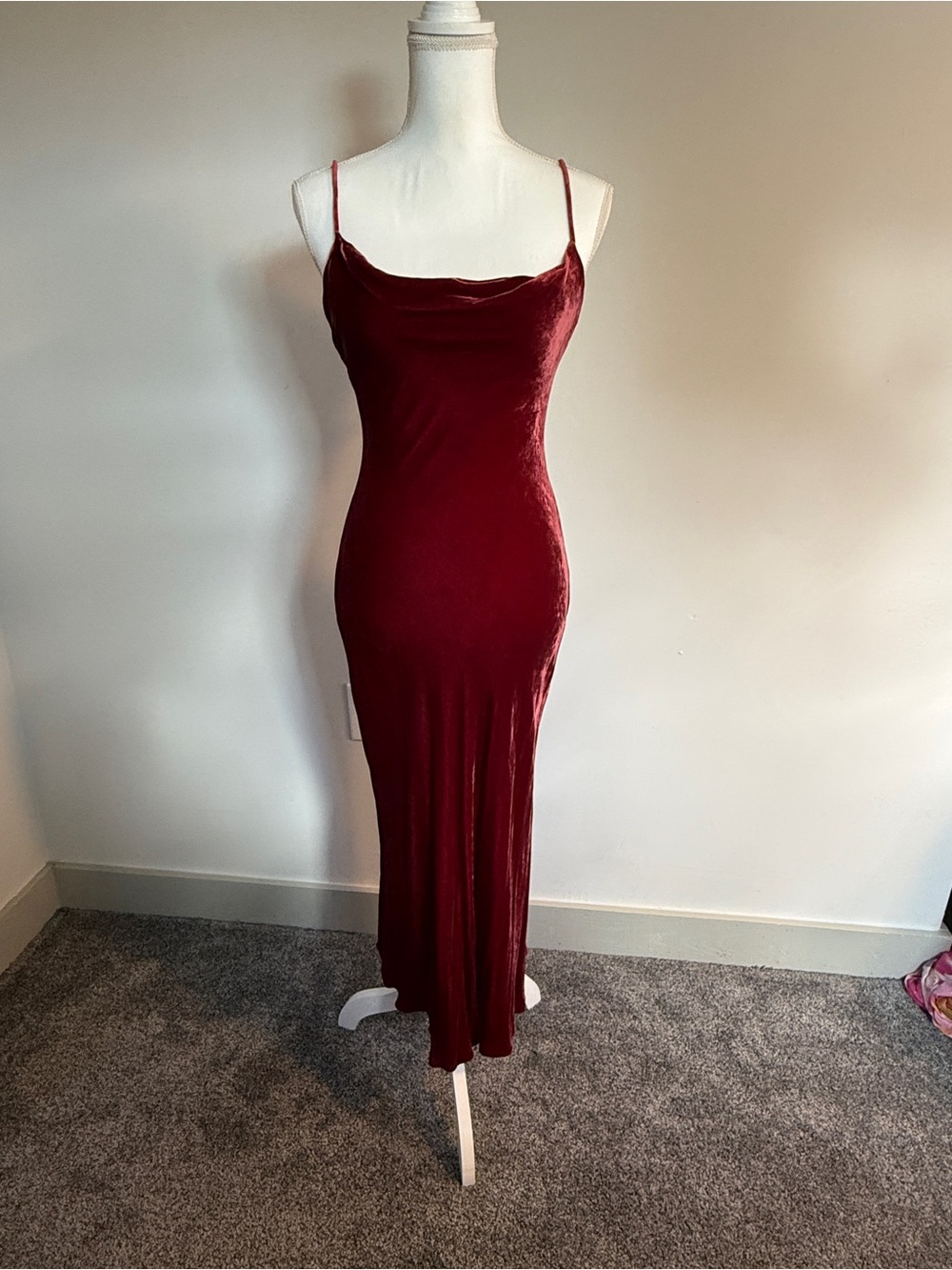XINYUAN Burgundy Silk Velvet Slip Dress Cowl Maxi *see size note